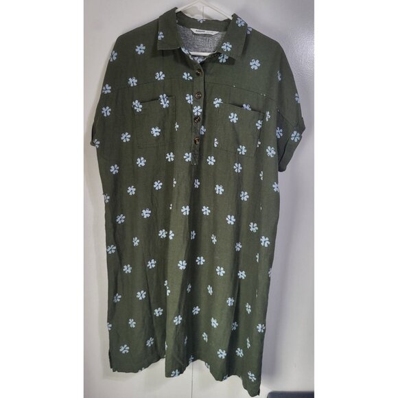 SONOMA Linen Blend Shirt Dress Olive Green with Blue Flowers SZ XL *No belt - Picture 1 of 8